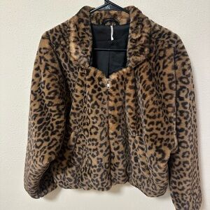 Free People Leopard Print Faux Fur Bomber Jacket